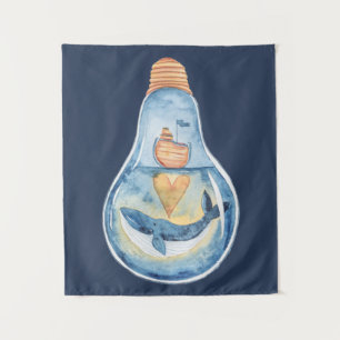 Watercolor Ocean Scene in Light bulb Whale Boat Tapestry