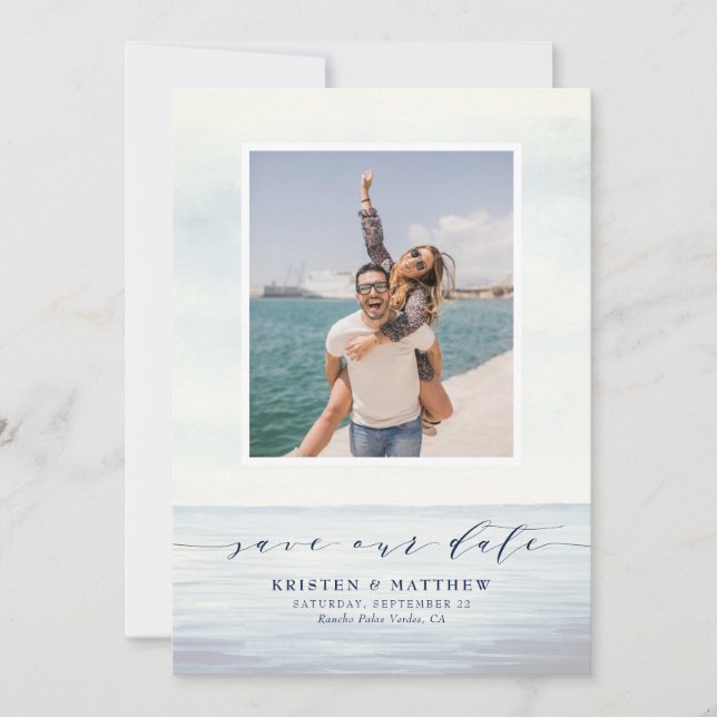 Watercolor Ocean Scene Photo Save The Date (Front)