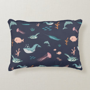 Watercolor Ocean Sea Animals Blue Pattern Accent Pillow