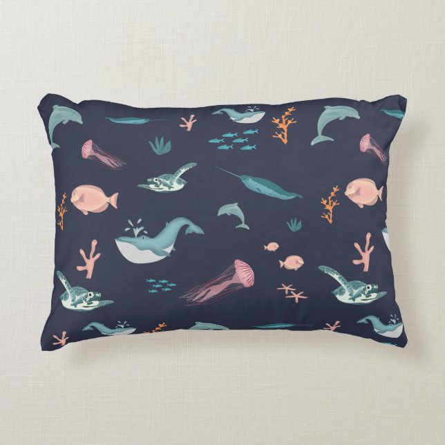 Watercolor Ocean Sea Animals Blue Pattern Accent Pillow (Front)