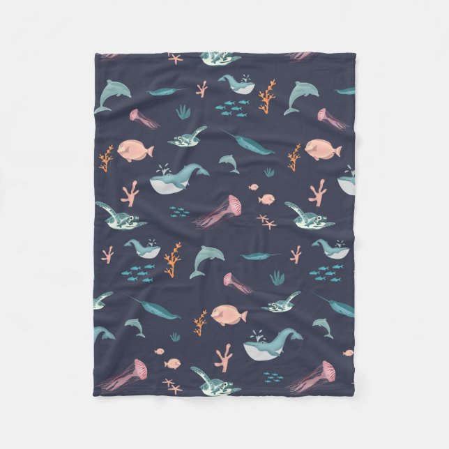 Watercolor Ocean Sea Animals Blue Pattern Fleece Blanket (Front)