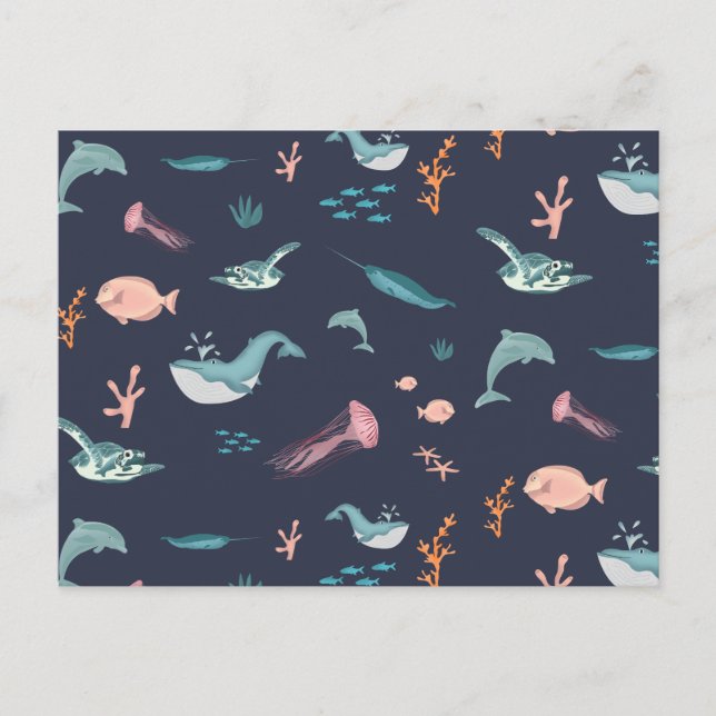 Watercolor Ocean Sea Animals Blue Pattern Holiday Postcard (Front)