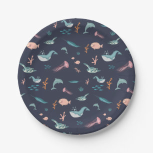 Watercolor Ocean Sea Animals Blue Pattern Paper Plate