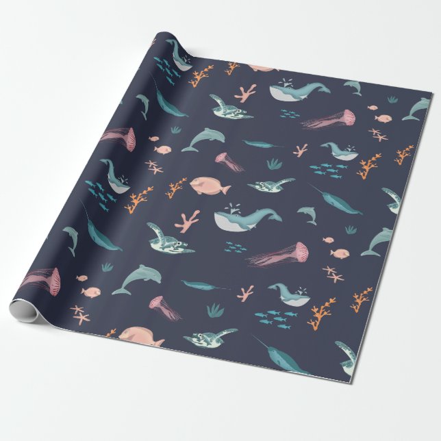 Watercolor Ocean Sea Animals Blue Pattern Wrapping Paper (Unrolled)
