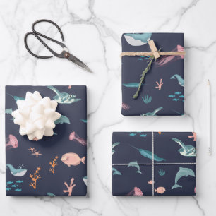 Watercolor Ocean Sea Animals Blue Pattern Wrapping Paper Sheet