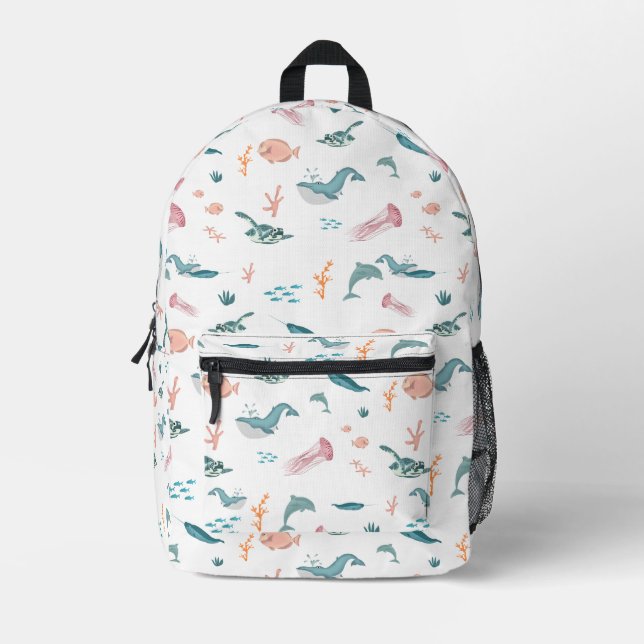 Watercolor Ocean Sea Animals Blush Pattern Printed Backpack (Front)