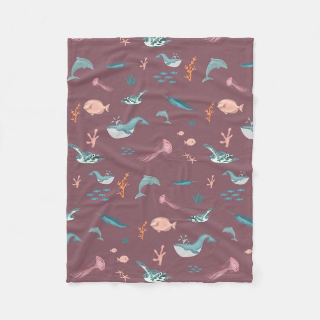Watercolor Ocean Sea Animals Blush Pink Pattern Fleece Blanket (Front)