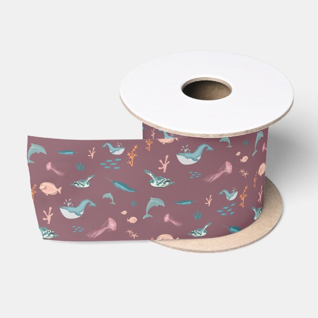Watercolor Ocean Sea Animals Blush Pink Pattern Satin Ribbon (Spool)