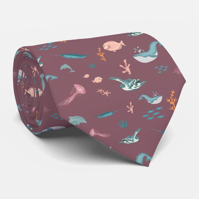 Watercolor Ocean Sea Animals Blush Pink Pattern Tie (Rolled)