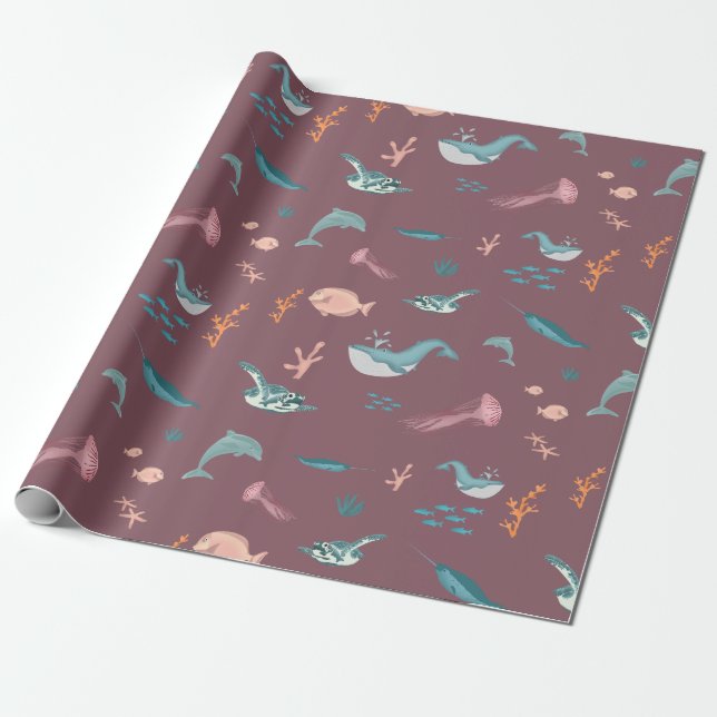 Watercolor Ocean Sea Animals Blush Pink Pattern Wrapping Paper (Unrolled)