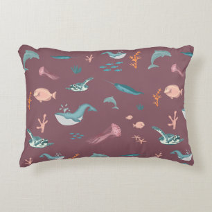 Watercolor Ocean Sea Animals Dusty Pink Pattern Accent Pillow
