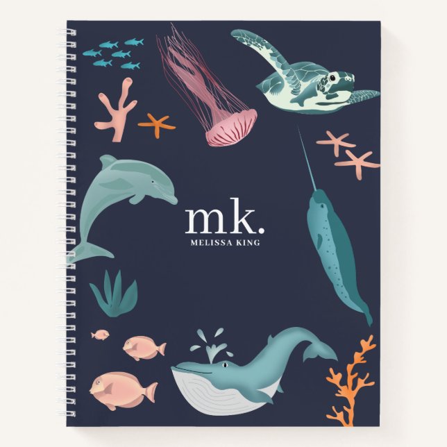 Watercolor Ocean Sea Animals Monogram Blue Notebook (Front)