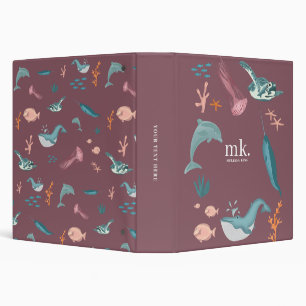 Watercolor Ocean Sea Animals Monogram Blush Pink Binder