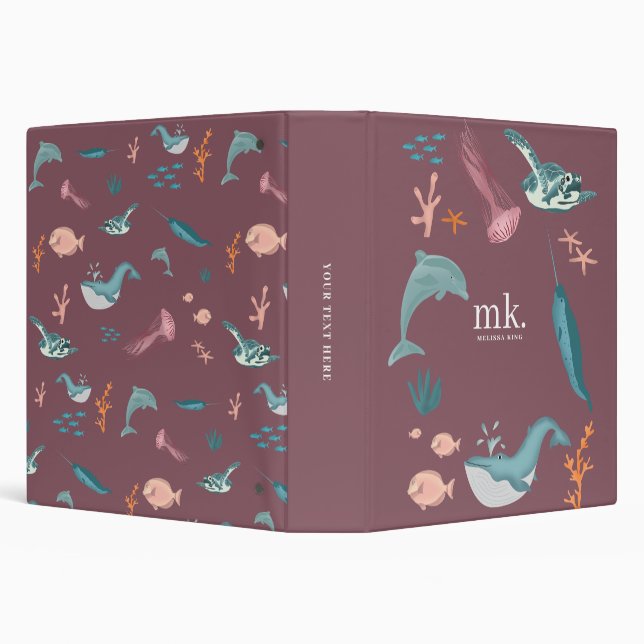 Watercolor Ocean Sea Animals Monogram Blush Pink Binder (Background)