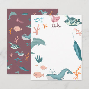 Watercolor Ocean Sea Animals Monogram Blush Pink Card