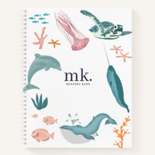 Watercolor Ocean Sea Animals Monogram Notebook