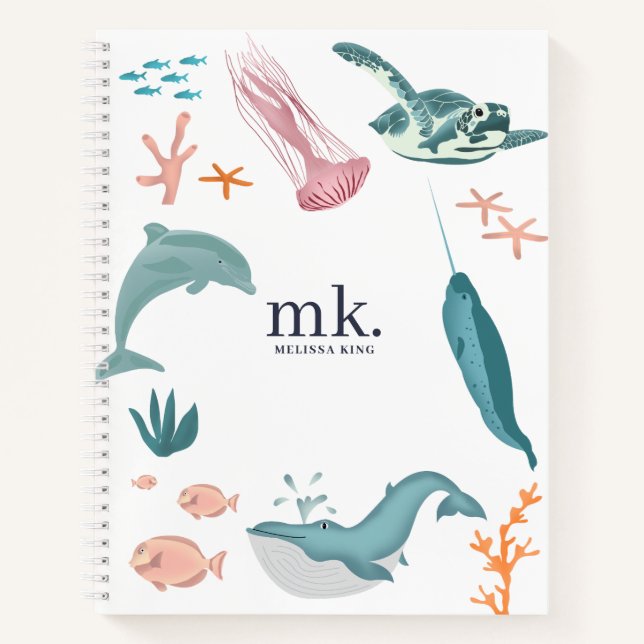Watercolor Ocean Sea Animals Monogram  Notebook (Front)