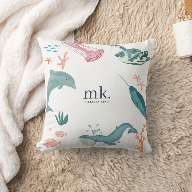 Watercolor Ocean Sea Animals Monogram  Throw Pillow (Blanket)