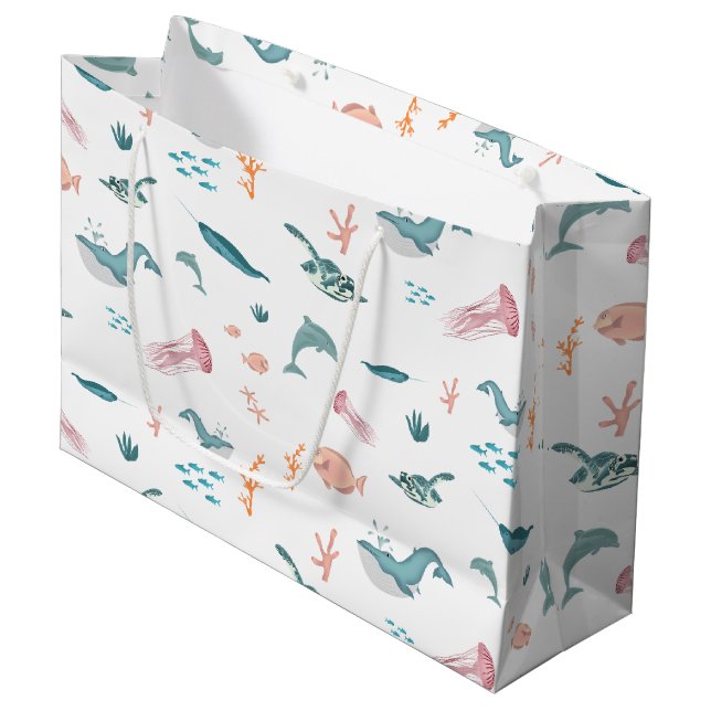 Watercolor Ocean Sea Animals Pattern Large Gift Bag (Front Angled)