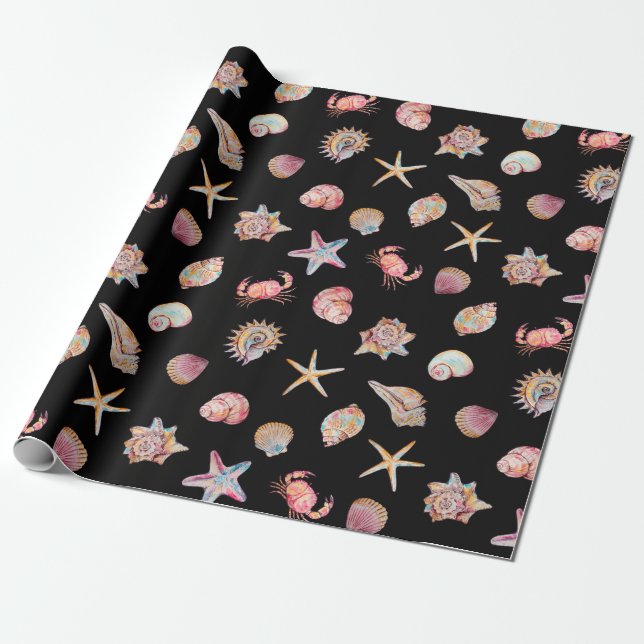 Watercolor Ocean Sea Animals Pattern Wrapping Paper (Unrolled)