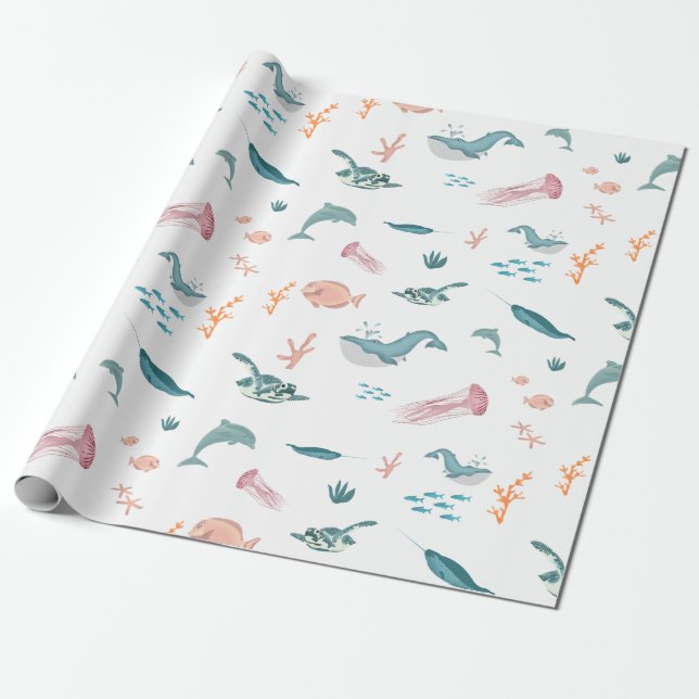 Watercolor Ocean Sea Animals Pattern Wrapping Paper (Unrolled)