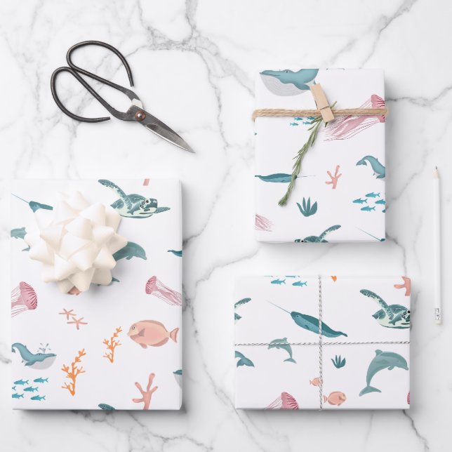Watercolor Ocean Sea Animals Pattern Wrapping Paper Sheet (Front)