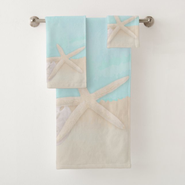 Watercolor Ocean Starfish and Sand Dollar Bath Towel Set (Insitu)