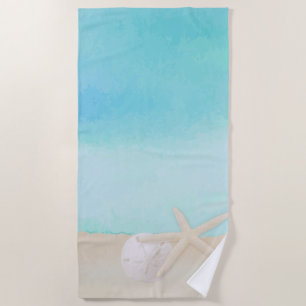 Watercolor Ocean Starfish and Sand Dollar Beach Towel