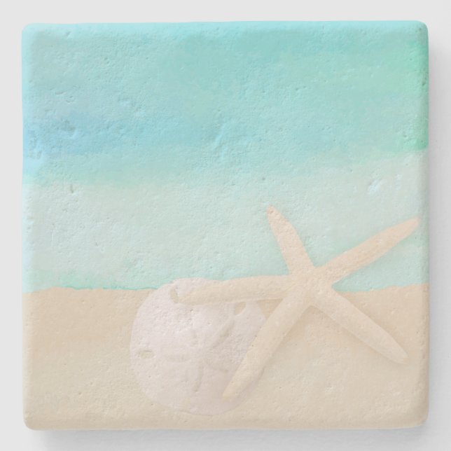 Watercolor Ocean Starfish and Sand Dollar Coaster (Front)