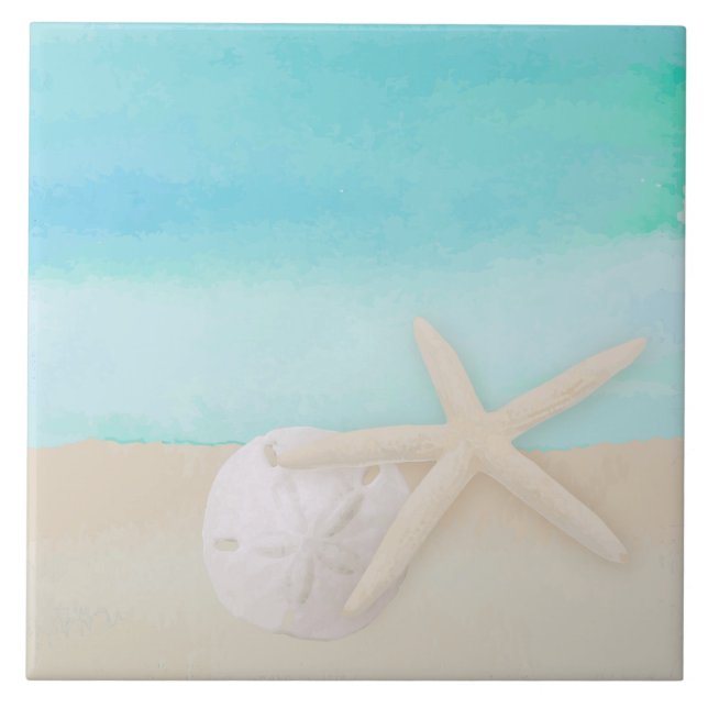 Watercolor Ocean Starfish and Sand Dollar Tile (Front)
