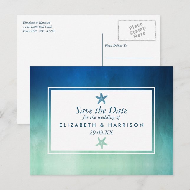 Watercolor Ocean Starfish Beach Save the Date Postcard (Front/Back)