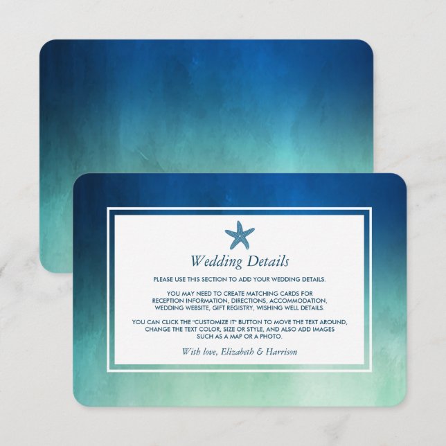 Watercolor Ocean Starfish Beach Wedding Detail Enclosure Card (Front/Back)