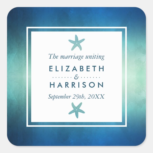 Watercolor Ocean Starfish Beach Wedding Favor Square Sticker (Front)