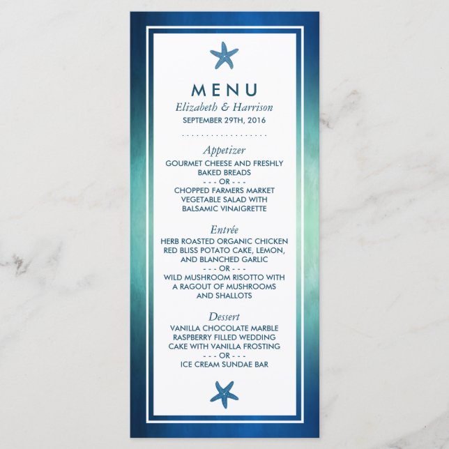 Watercolor Ocean Starfish Beach Wedding Menu (Devant)
