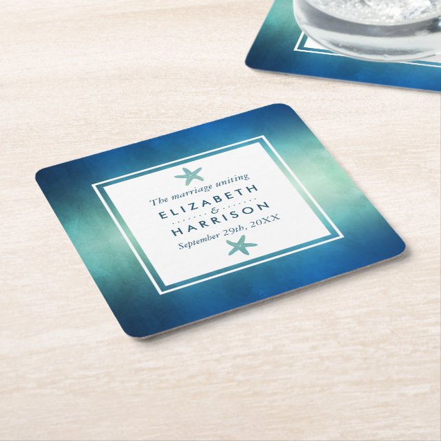 Watercolor Ocean Starfish Beach Wedding Square Paper Coaster (Angled)