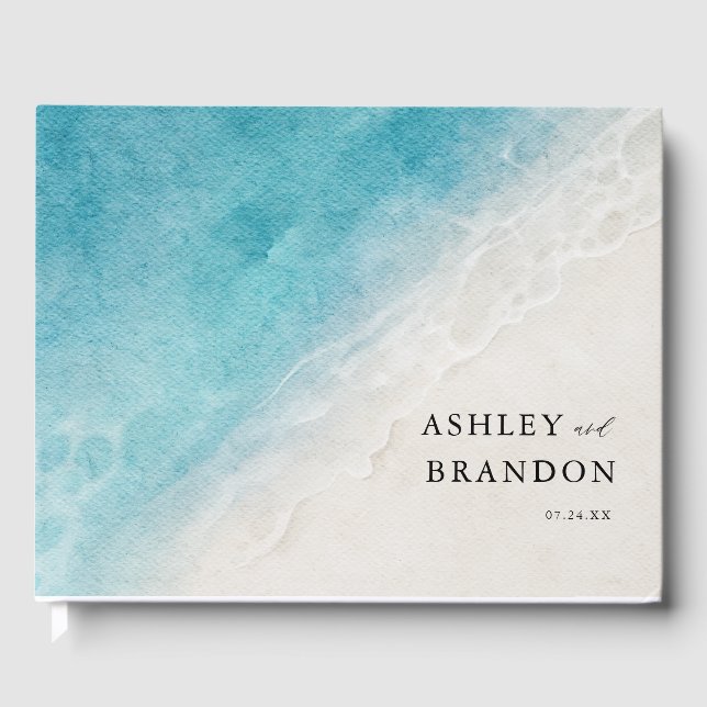 Watercolor Ocean Summer Blue Beach Wedding Guest Book (Front)