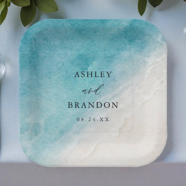Watercolor Ocean Summer Blue Beach Wedding Paper Plate (Creator Uploaded)