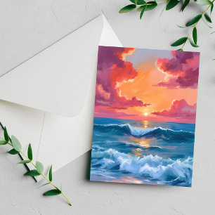Watercolor Ocean Sunset Painting Beach Waves Card