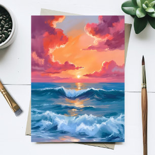 Watercolor Ocean Sunset Painting Beach Waves Postcard