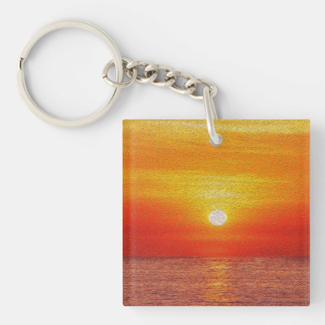 Watercolor Ocean Sunset Summer Beach Waves Keychain (Front)