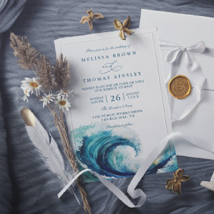 Watercolor Ocean Wave Navy Blue QR Code Wedding Invitation