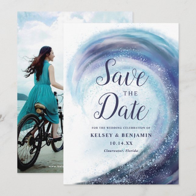 Watercolor Ocean Wave | Photo Save the Date Invitation (Front/Back)