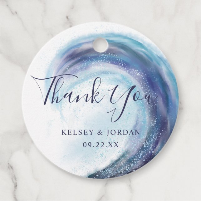 Watercolor Ocean Wave Thank You Wedding Names Favour Tags (Front)