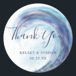 Watercolor Ocean Wave Wedding Thank You Favour Classic Round Sticker<br><div class="desc">These beautiful wedding favour stickers feature a hand painted ocean wave in various hues of blue,   purple,  aqua / teal,  black,  and grey. Easy to personalize for your special day! For custom design or product requests,  please contact me (Tracey) at orabellaprints@outlook.com.</div>