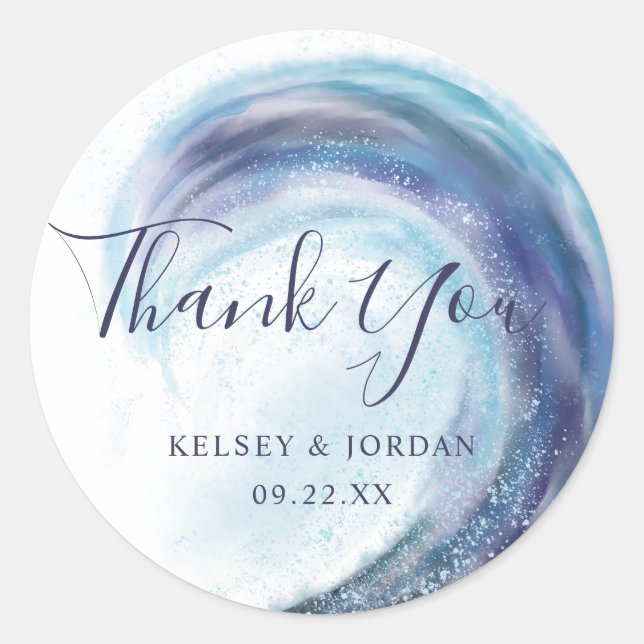 Watercolor Ocean Wave Wedding Thank You Favour Classic Round Sticker (Front)