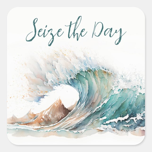 Watercolor Ocean Wave With Quote Square Sticker (Front)