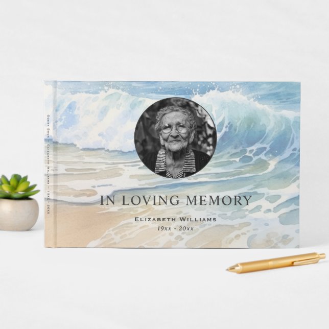 Watercolor Ocean Waves Memorial Funeral Photo Guest Book (InSitu Display)