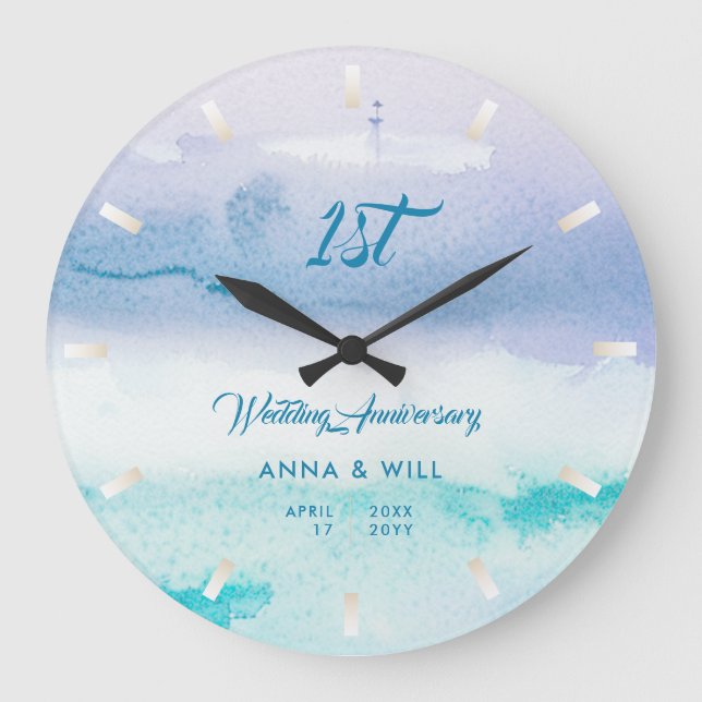 Watercolor Ocean Waves Modern Wedding Anniversary Large Clock (Front)