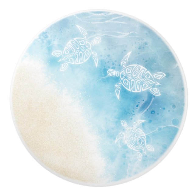 Watercolor Ocean White Turtle Ceramic Knob (Front)