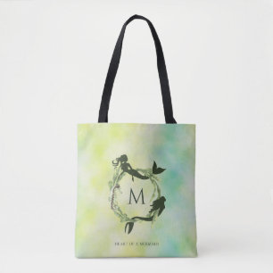 Watercolor Ocean Wreath Mermaids Monogram Tote Bag